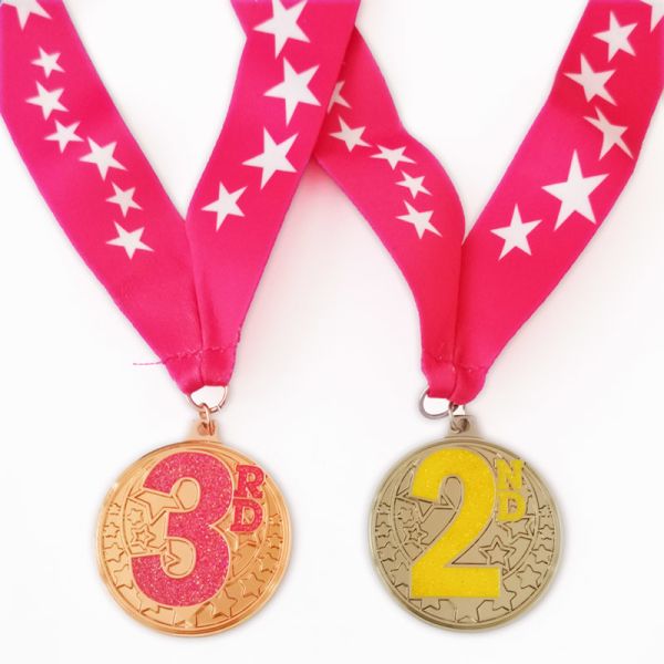 Buy Glitter Color Epoxy Coated Iron Custom Gymnastics Medals With Sublimation Ribbon at wholesale prices