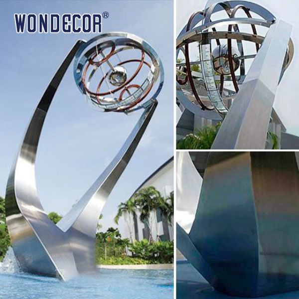 Large LED Modern Outdoor Fountain Stainless Steel Sculpture With Globe