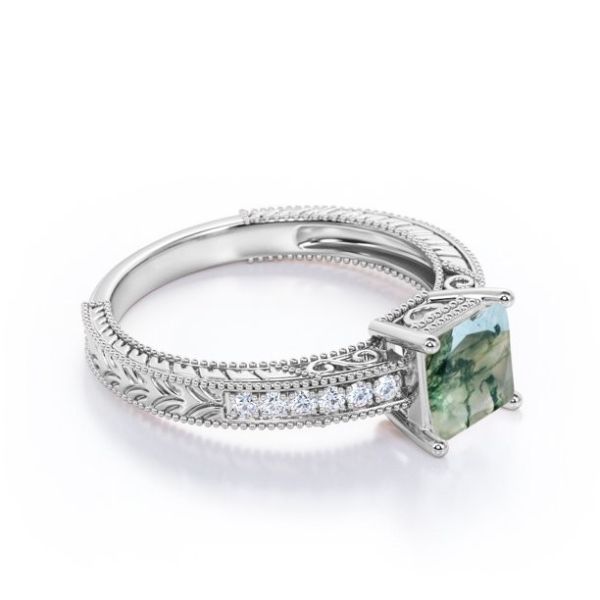 Princess Cut Natural Druzy Moss Green Agate And Moissanite Milgrain Border Victorian Pave Engagement Ring