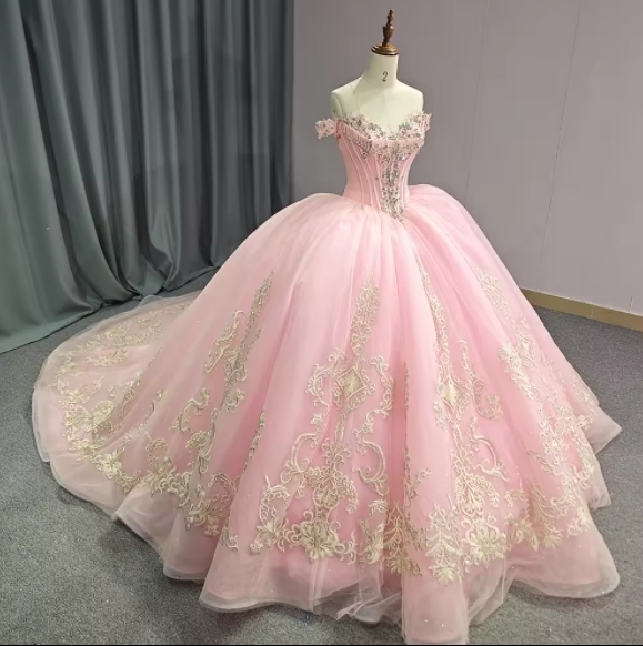 Beautiful Sweetheart Neck Off-the-shoulder Beaded Appliqued Ball Gown Party Girl 12 Years Pink Organza Quinceanera Dress