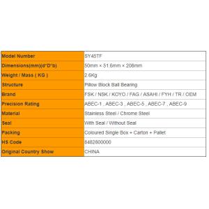 SY45TF Pillow Block Ball Bearing 50mm × 51.6mm × 208mm with Bearing Housings