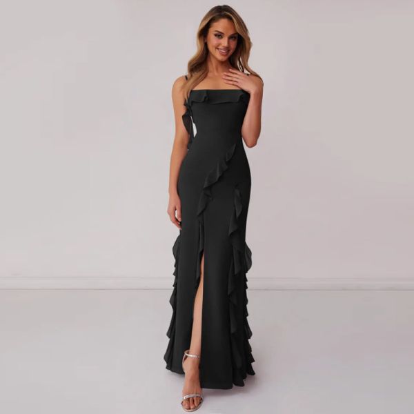 Excellent Plus Size Black Chiffon Bridesmaid Dress Sheath Spaghetti Straps