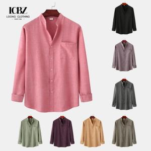 Men's Casual White Black Regular-Fit Linen Cotton Long Sleeve Shirts with Custom