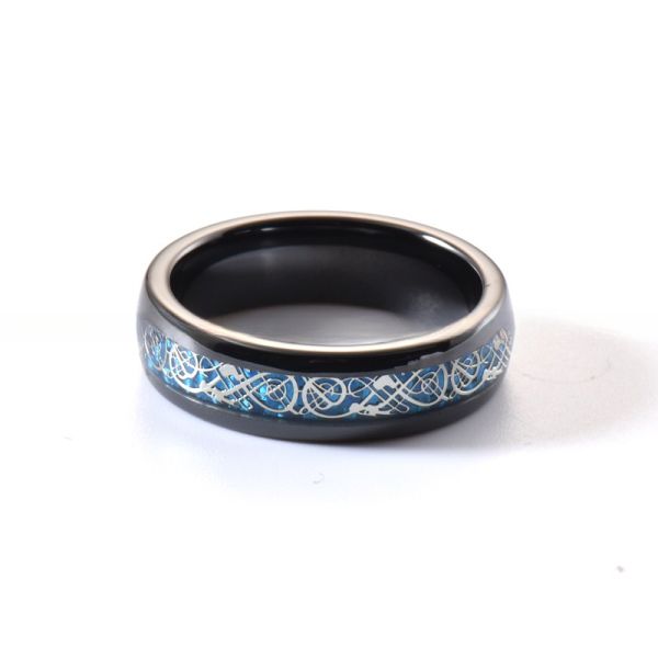Dome Black Ceramic Wedding Band 6mm Blue Carbon Fiber And Dragon Inlayed Polished