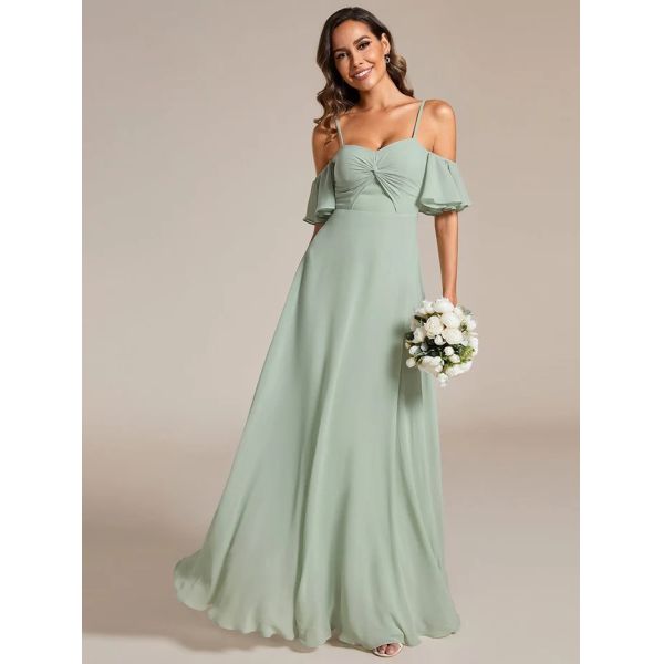 Empire A-line Ruffled Off-shoulder Spaghetti Strap Criss-cross Ruffles Sleeve Mint Green Chiffon Bridesmaid Dresses