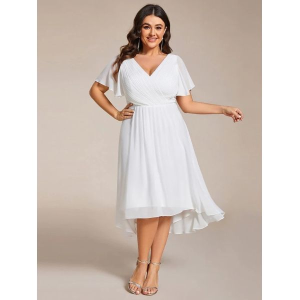 Chic V-neck High-low Short Flutter Sleeves A-line Ruffles Midi Invisible Zipper White Chiffon Guest Graduation Dress