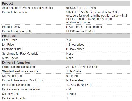 6ES7338-4BC01-0AB0 6ES7 338-4BC01-0AB0 Siemens Signal Module