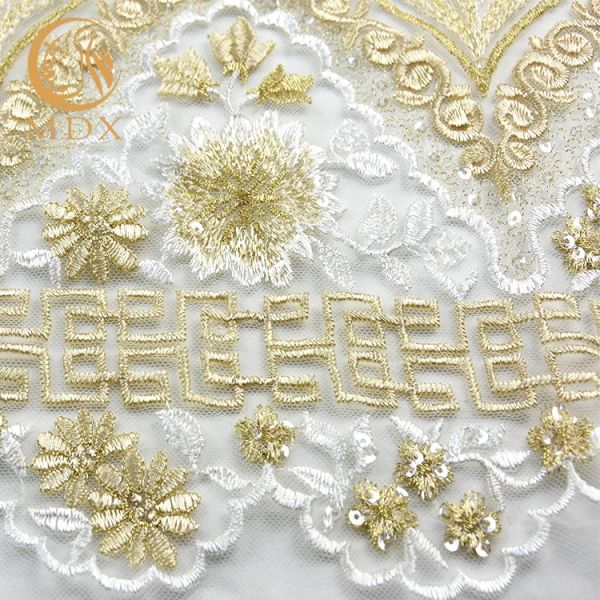 Free Sample Gold Sequin Lace Fabric Beautiful Embroidered Eco Friendly
