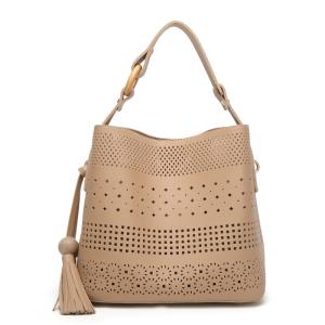 Hollow Out Beige Faux Leather PU Bucket Barrel Purse Leather