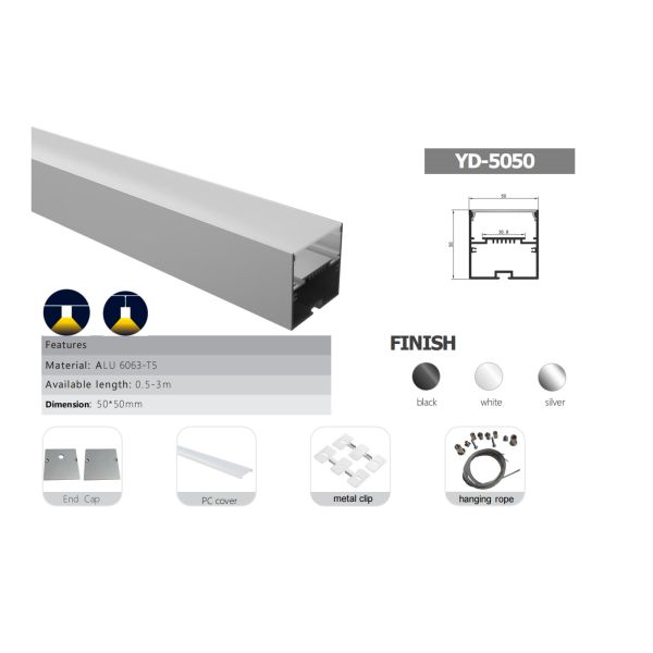 50*50mm Customizable Length and PC Cover Options for Suspended LED Profile Easy Installation