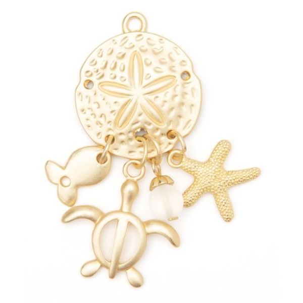 DIY Sand Dollar Accent Jewelry Charms with Sea Life, 2Pc, Gold Finish