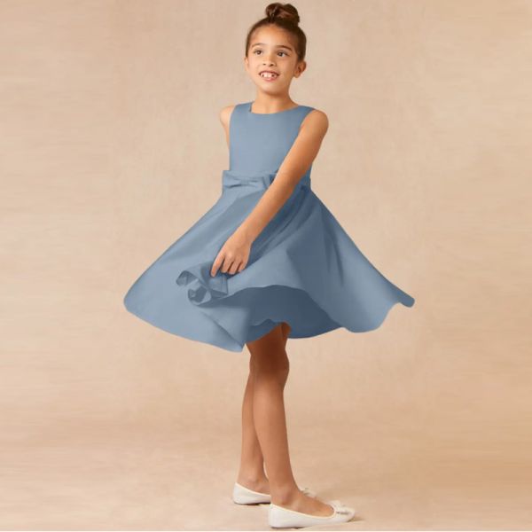 Lovely Girl Kids Dress Blue Satin OEM ODM Baby Flower Girl Dresses Sleeveless Round Neckline Knee-length Ruffles Ball Go