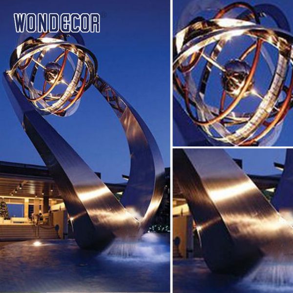 Large LED Modern Outdoor Fountain Stainless Steel Sculpture With Globe