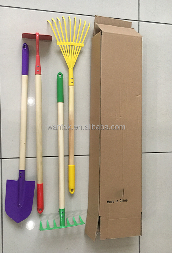 Straight Handle Wooden Kids Garden Tool Set 4pcs Set for Children Customized Color