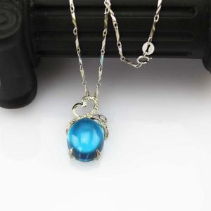 Sterling Silver Oval Created BlueTopaz Dome Cubic Zircon Gemstone Pendant Silver