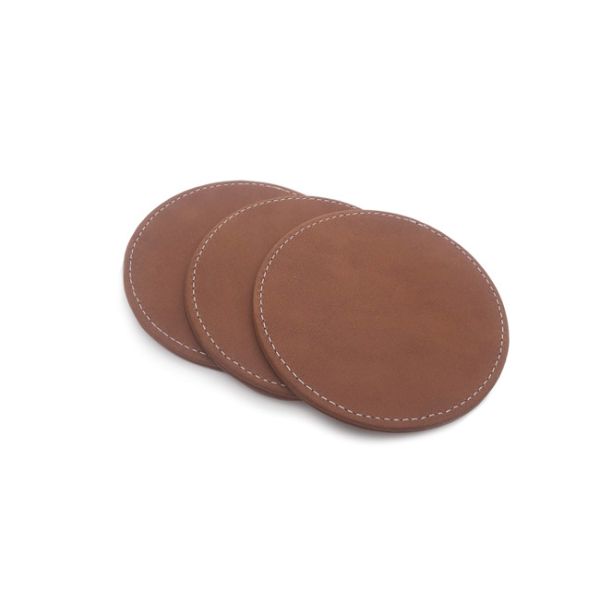 Brown Drink Coasters Set PU Leather Round Glass Coasters Debossed Logo
