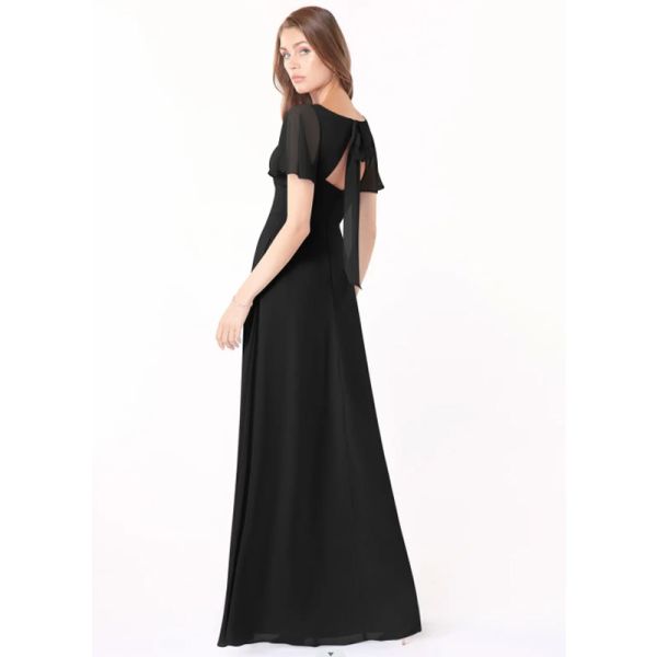 Perfect Plus Size Black Chiffon Long Bridesmaid Dress Short Sleeves Keyhole Ruched A-Line V-neck Front Split Slit