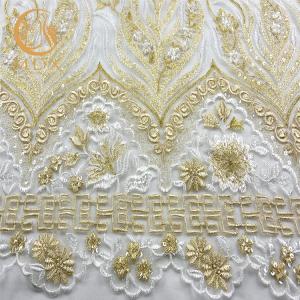 Free Sample Gold Sequin Lace Fabric Beautiful Embroidered Eco Friendly