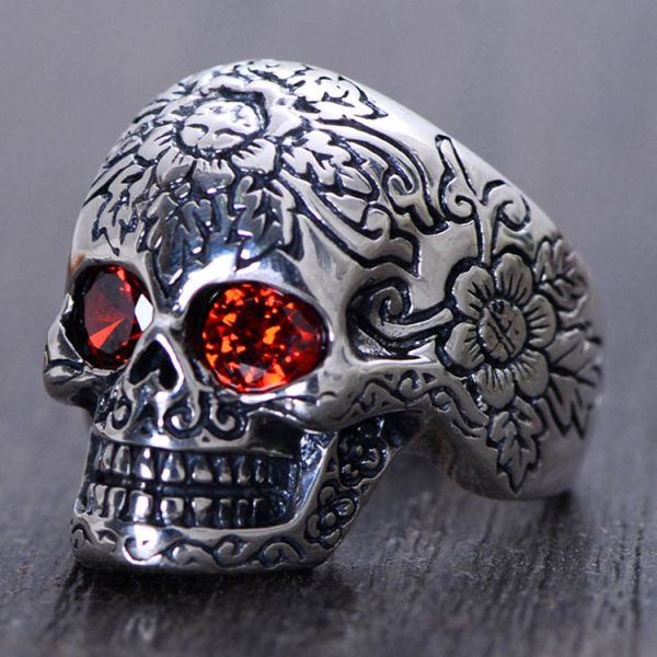 Men Retro Jewelry Heavy Sterling Silver Skull Ring with Red Cubic Zircon (043352)