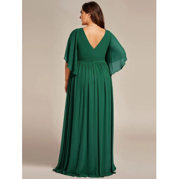 Empire Plus Size V-neck Ruffled A-line Invisible Zipper Half Flutter Sleeves Dark Green Chiffon Party Dress