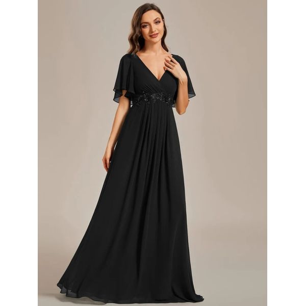 Sexy Empire Applique A-line Short Flutter Sleeves V-neck Invisible Zipper Dark Green Chiffon Evening Dress