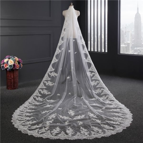 New Styles Customized Appliqued Lace 3.5m*1.8m Cathedral Tulle Bridal Wedding White Veil With Hair Comb