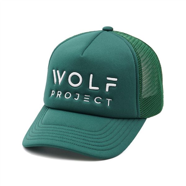 Buy Curved Brim Green Trucker Hat 5 Panel Foam Mesh Hat With Embroidered Letter Logo at wholesale prices