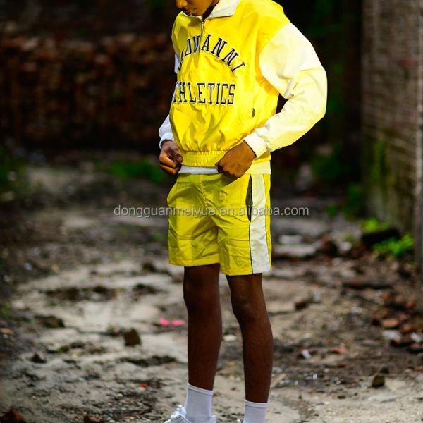 Custom Embroidered Patch Logo Windbreaker Long Sleeve Button up Shirt Men Nylon Shorts Uniforms Athletic Short Sets for Men