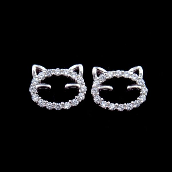 Buy Cat Silver 925 Stud Earrings With CZ Very Cute And Smile Face Lovely at wholesale prices