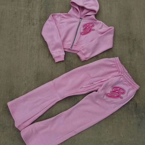 Custom Manufacturer Jogger 100% Cotton 3d Embroidery Rhinestone Zip up Cropped Hoodie Sweatsuits Women Sweatpants and Hoodie Set