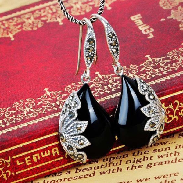 Sterling Silver Marcasite Earrings Black Onyx Retro Jewelry (JA1729BLACK)