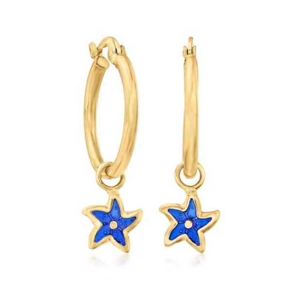 Italian Blue Enamel Starfish Hoop Earrings in 14kt Yellow Gold. 1 1/4