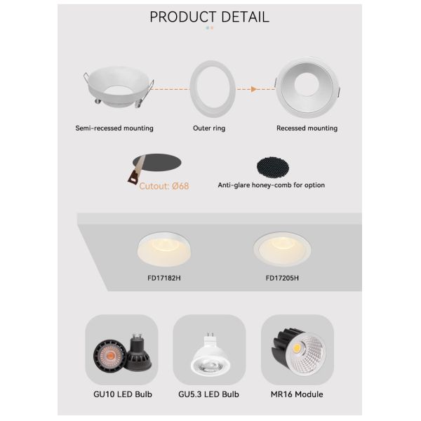 Fixed Downlight Frame Anti Glare IP20 Mr16 Recessed Lighting Housing