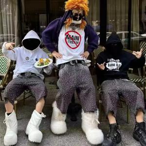 Streetwear Short Pants All Over Print Rhinestone Denim Diamond Shorts Eco