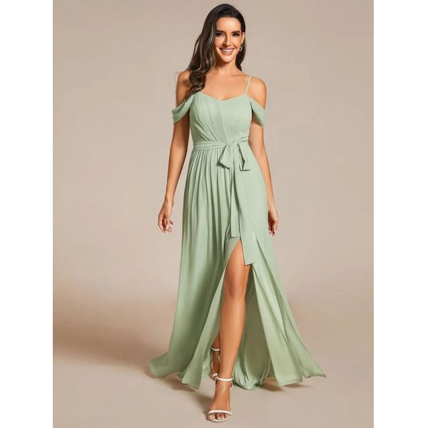 Plus Size A-line Ruffled V-neck Spaghetti Strap High Slit Mint Green Chiffon Bridesmaid Dress