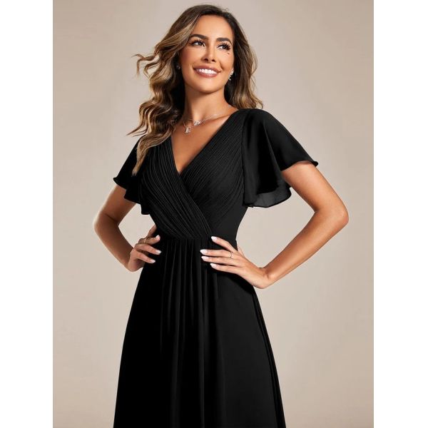 Chic V-neck High-low Short Flutter Sleeves A-line Ruffles Midi Invisible Zipper Black Chiffon Graduation Dress