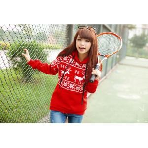 Long Sleeve Women / Ladies Hooded Sweatshirts , Red / White