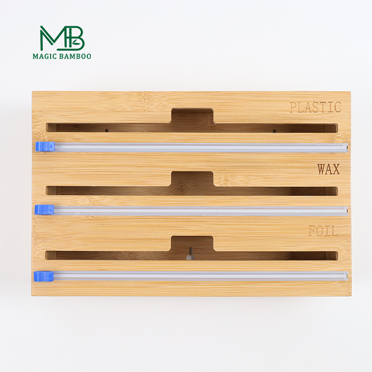 Rectangle Wall Mount 3 In 1 Kitchen Wrap Dispenser Bamboo Aluminum Foil Magnetic Plastic Wrap Dispenser