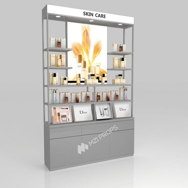 Beauty Store Table Grey Transparent High Cabinet With Double-Sided Light Box