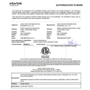 Anhui Weiye Refrigeration Equipment Co., Ltd. Certifications
