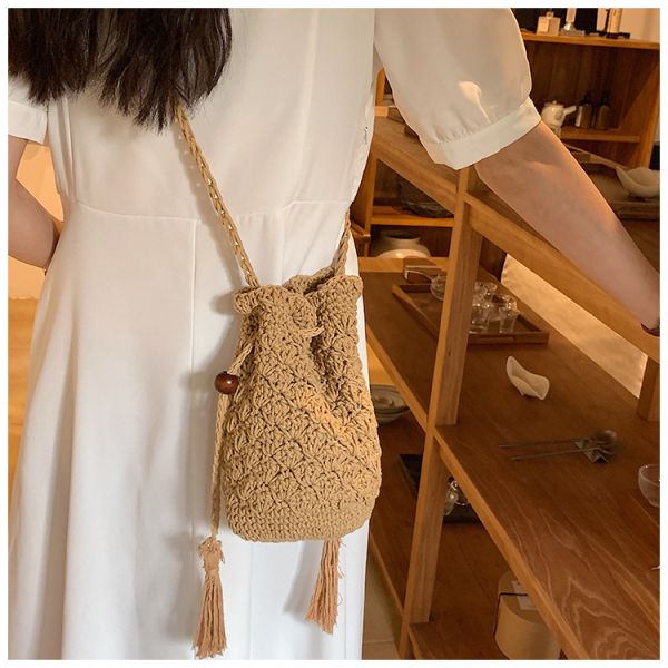 Buy Raffia Paper Rope Crochet Straw Bag for Seaside Vacation Trips Shopping Handmade Large Crocheted Raffia Straw Tote Bag With Stone Closure OEM Bohemian Leather Fashion Women Vintage Casual at wholesale prices