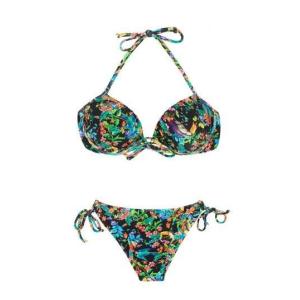 Black Balconette Top Bikini Featuring Multicoloured Flowers - Reality Flower Balconet