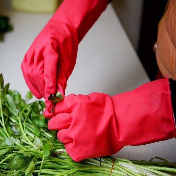 Red Color Flocklined Household Latex Kitchen Rubber Gloves Good Elasticity For Cleaning