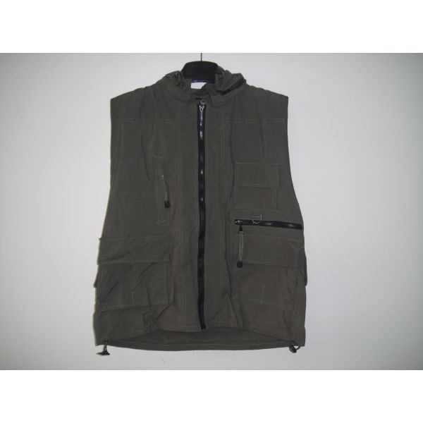 Fishing vest 033 with hood in taslan fabric, olive green color, water proof, quick dry, S-3XL