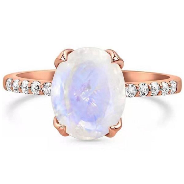 Elegant Plated Oval Cut Claw Setting Moonstone With CZ Rings Engagement Women Anniversary Ring