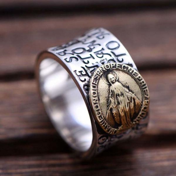 Retro Vintage Mens Sterling Silver Band Ring Engraved Words and Holy Mary (XH05396W)
