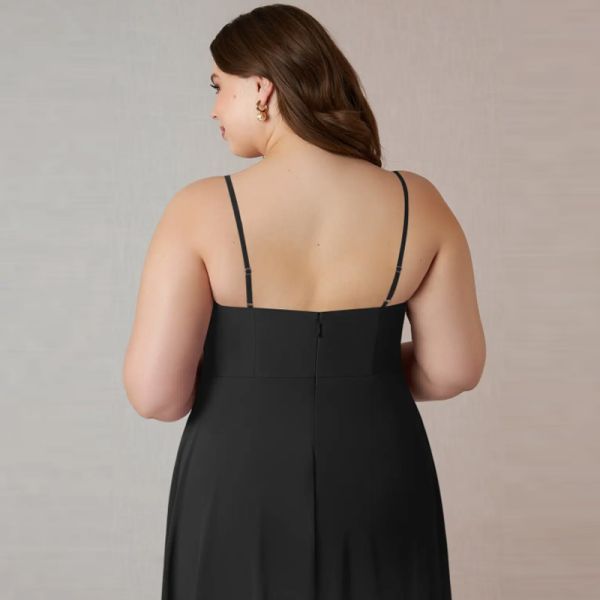 Manufacturer ODM Black Chiffon Bridesmaid Dress Spaghetti Straps Sleeveless A-Line Front Split Slit Sleeveless Pleated