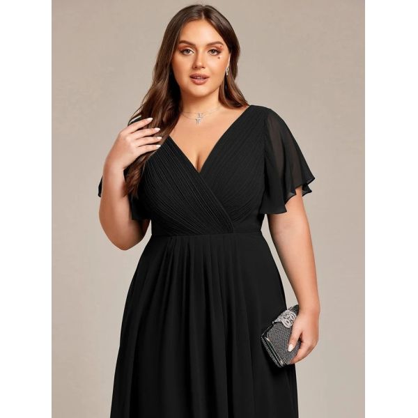 Empire Plus Size V-neck High-low A-line Short Sleeve Ruffled Black Chiffon Wedding Guest Cocktail Dress