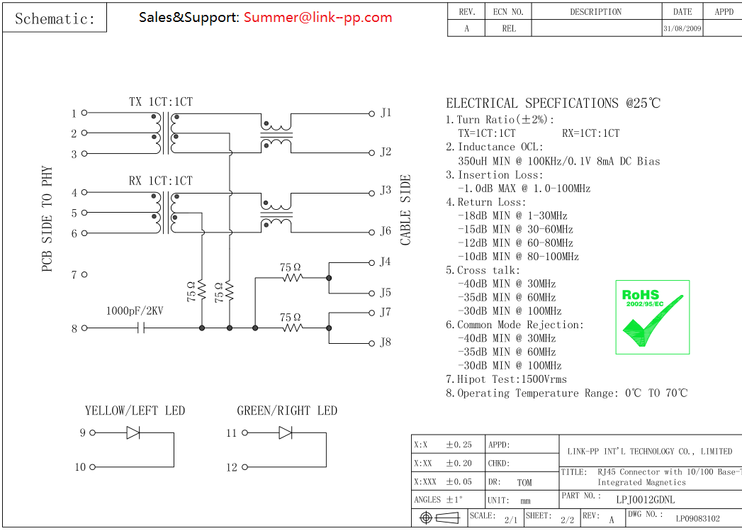 SI-40138 | LPJ0012GDNL 100Base-T Magnetic RJ45 Jack 8 Position w/LED