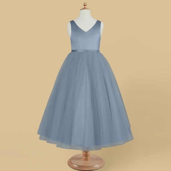 New Design Blue Tulle Flower Girl Dress Children's Dresses Gown V-neck Customized Sleeveless